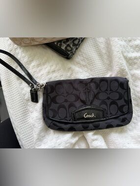 Coach Black Signature Canvas Wristlet with Leather Trim